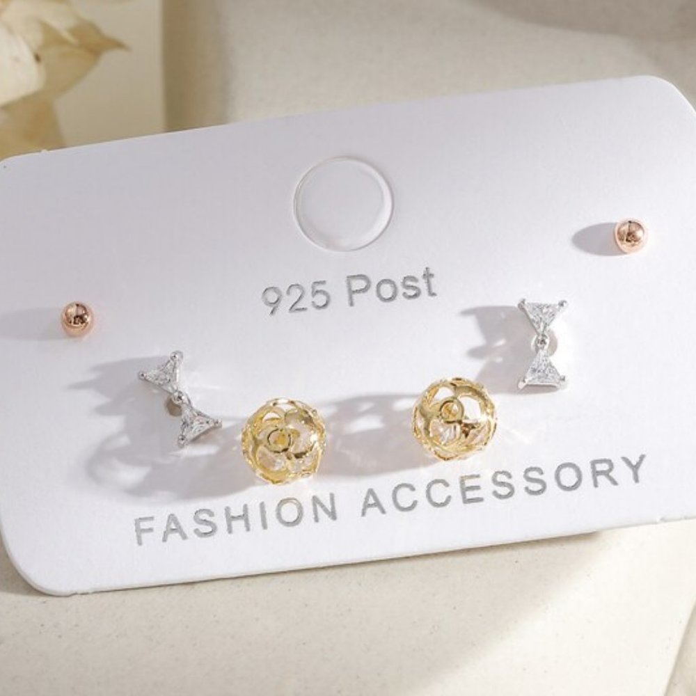 [3 Pairs] 925 Sterling Silver Diamond Earrings B